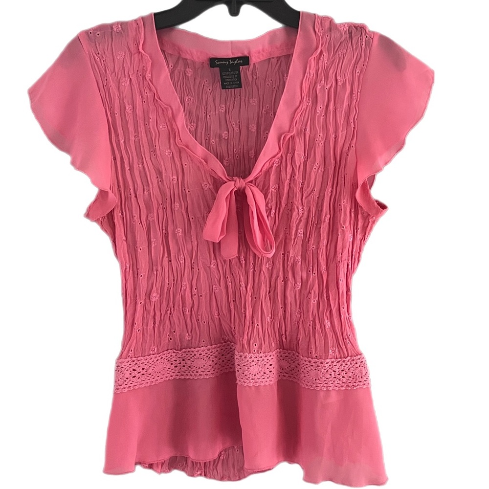 Women's SUNNY TAYLOR Valentine’s Chic Top Large Pink Cottagecore Pleated/Bow